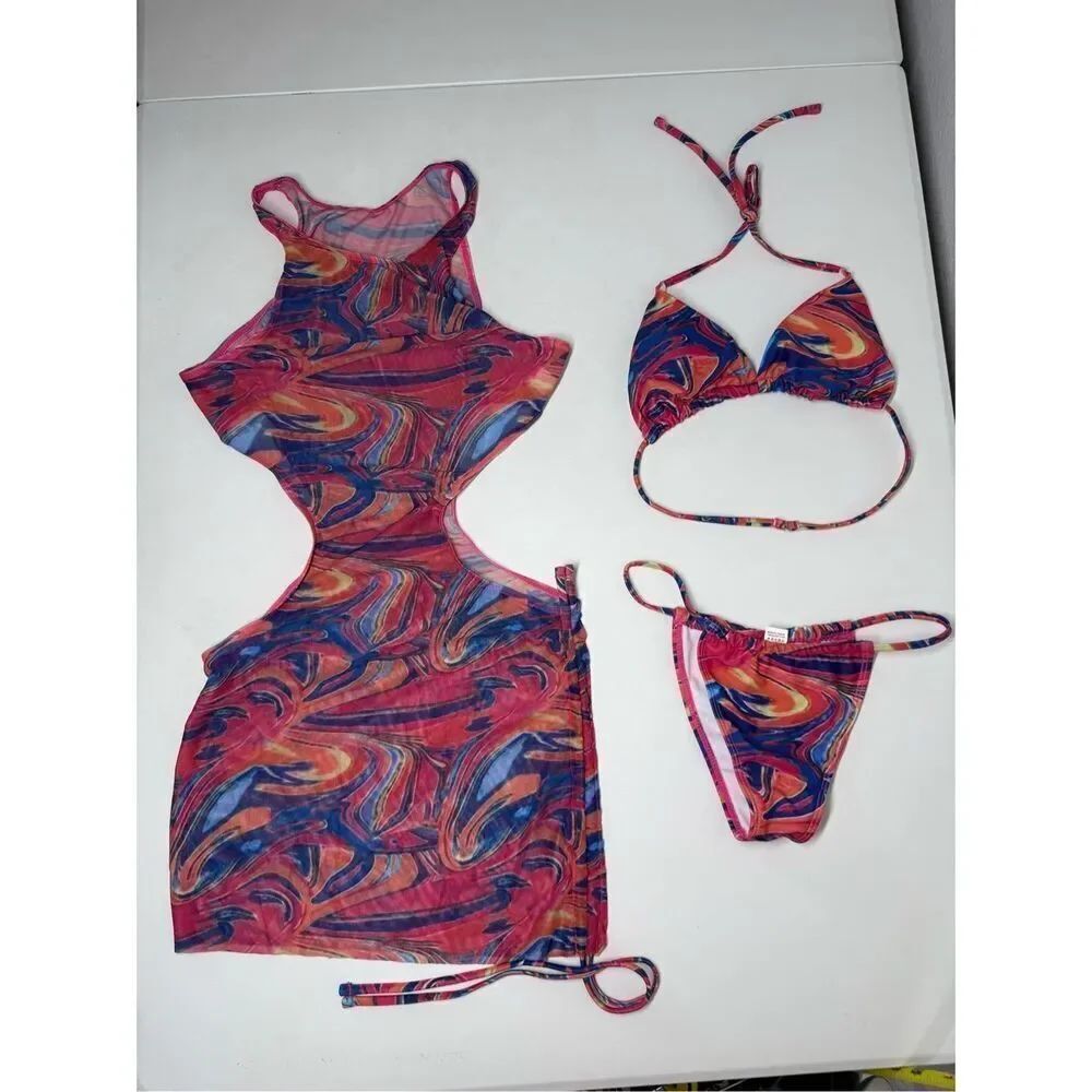 Fluid Print Triangle Halter Tie Strap Backless Bikini Set Cut Out Tie Side Sz S - Picture 4 of 16